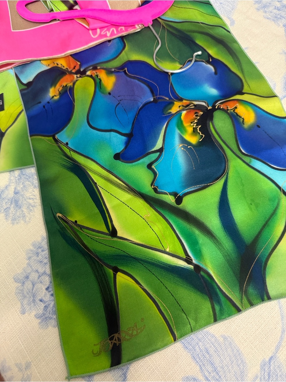 Hand-Painted Floral Silk Scarf in Green & Blue by Unbranded